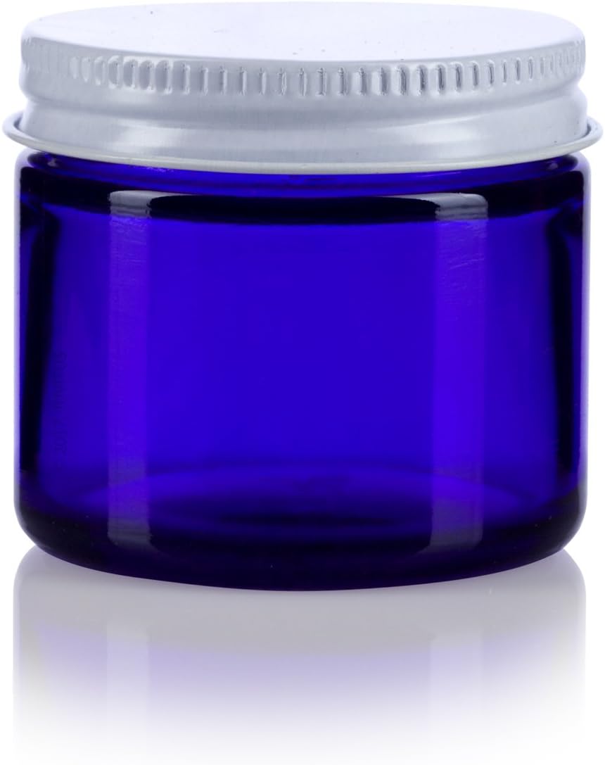 6 Pack JUVITUS Cobalt Blue Thick Glass Jars with White Metal Airtight Lids - 2 oz / 60 ml