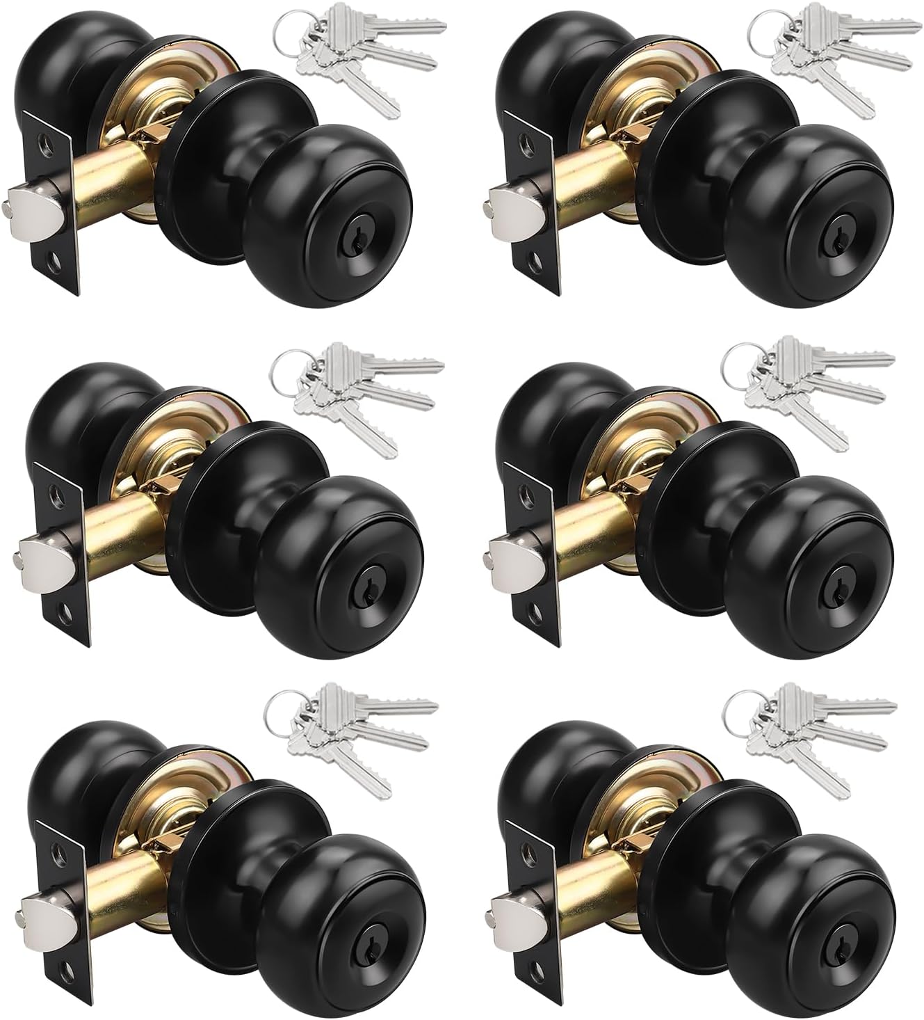 6 Pack Keyed Entry Door Locks in Matte Black Finish - Round Style Knob - Keyed Alike by KNOBWELL