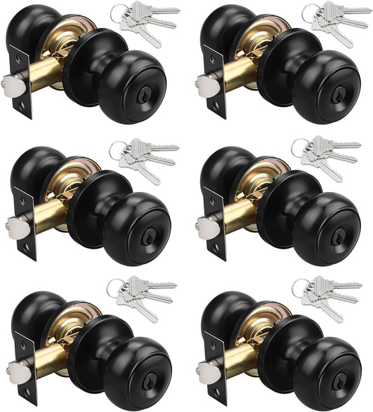 6 Pack Keyed Entry Door Locks in Matte Black Finish - Round Style Knob - Keyed Alike by KNOBWELL