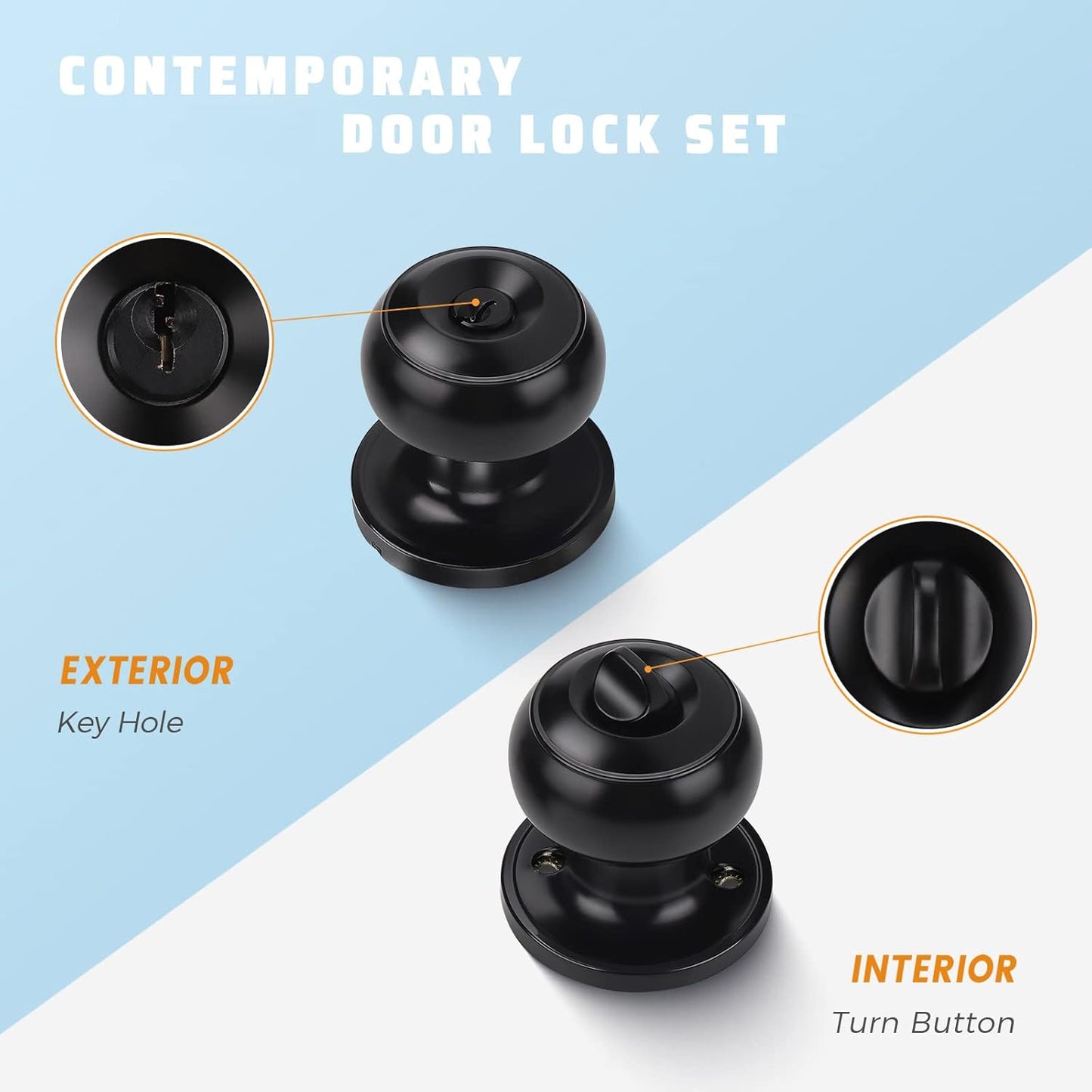 6 Pack Keyed Entry Door Locks in Matte Black Finish - Round Style Knob - Keyed Alike by KNOBWELL