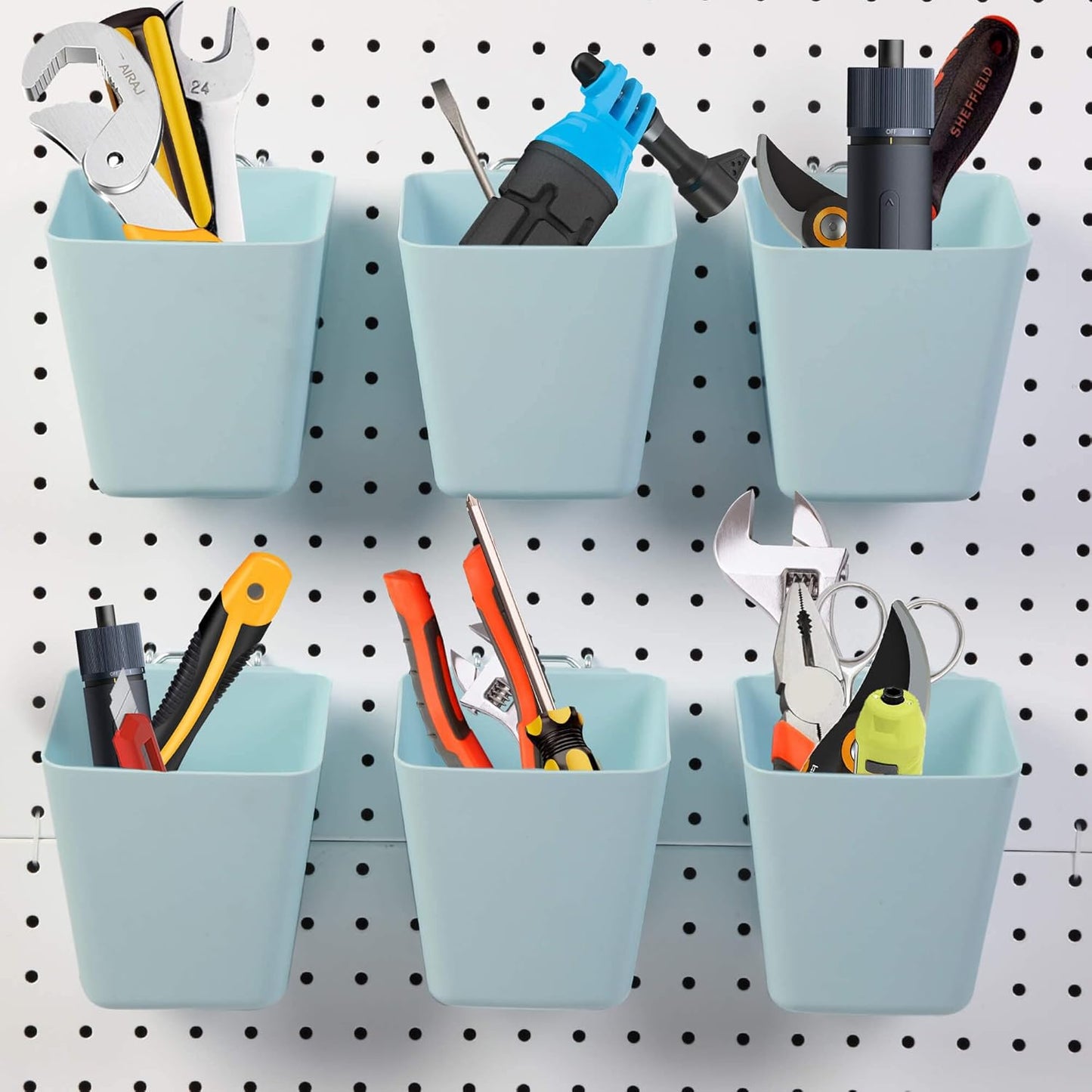 6 Pack Large Pegboard Bins with Hooks for Tool Organization by FRIMOONY