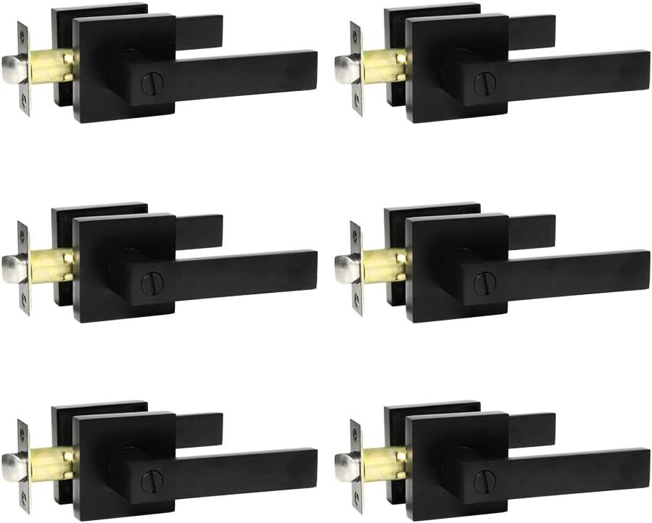 6-Pack Matte Black Bedroom/Bathroom Door Handles Levers with Square Plate Interior Privacy Locksets by SUNTAI