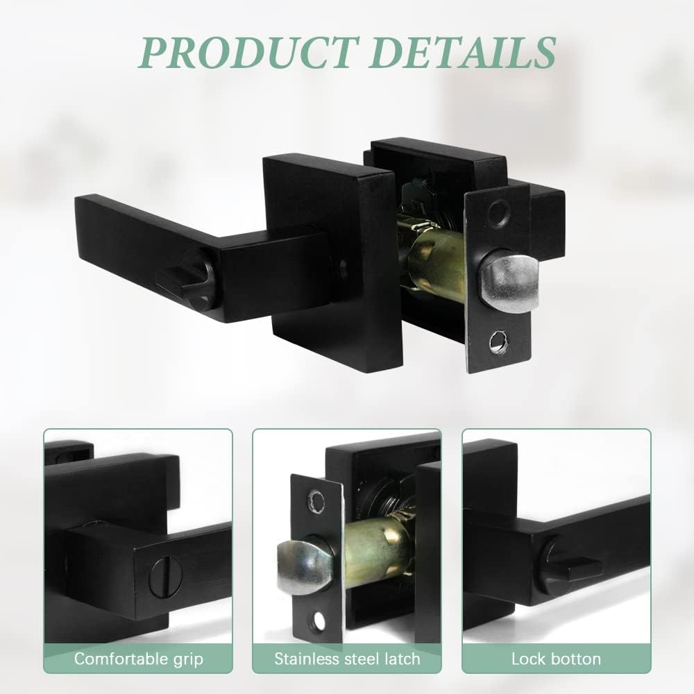 6-Pack Matte Black Bedroom/Bathroom Door Handles Levers with Square Plate Interior Privacy Locksets by SUNTAI