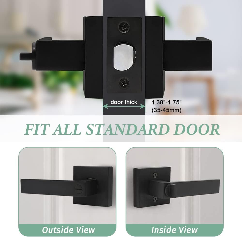6-Pack Matte Black Bedroom/Bathroom Door Handles Levers with Square Plate Interior Privacy Locksets by SUNTAI
