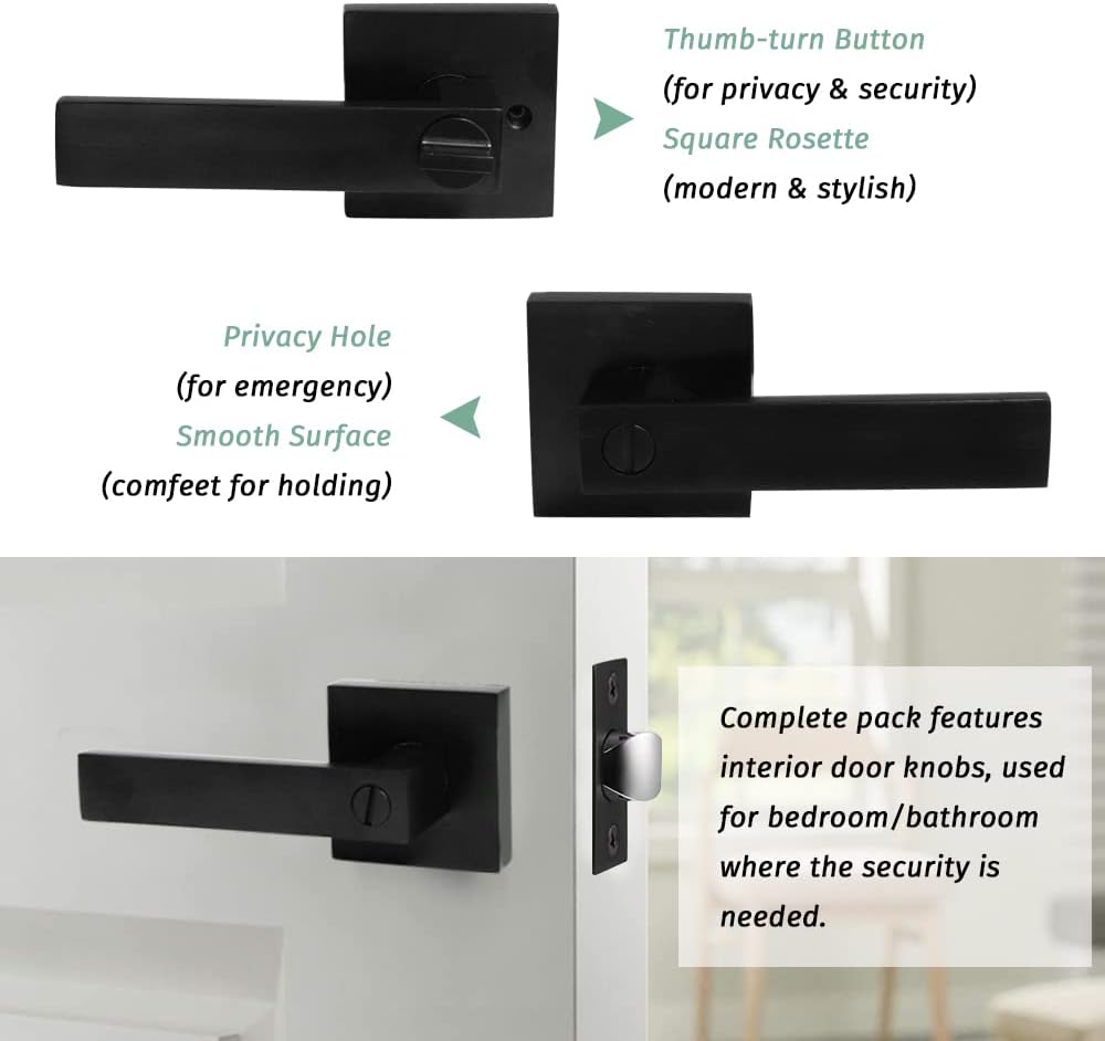 6-Pack Matte Black Bedroom/Bathroom Door Handles Levers with Square Plate Interior Privacy Locksets by SUNTAI