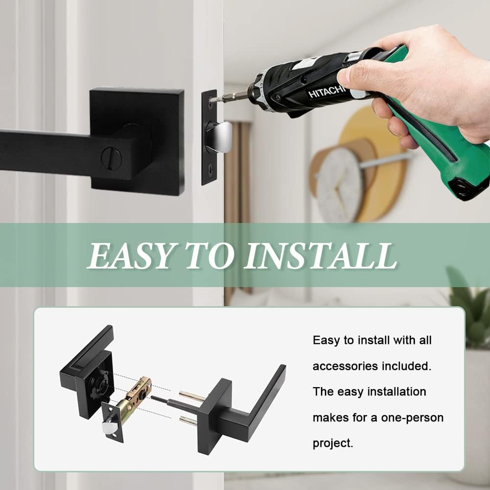 6-Pack Matte Black Bedroom/Bathroom Door Handles Levers with Square Plate Interior Privacy Locksets by SUNTAI