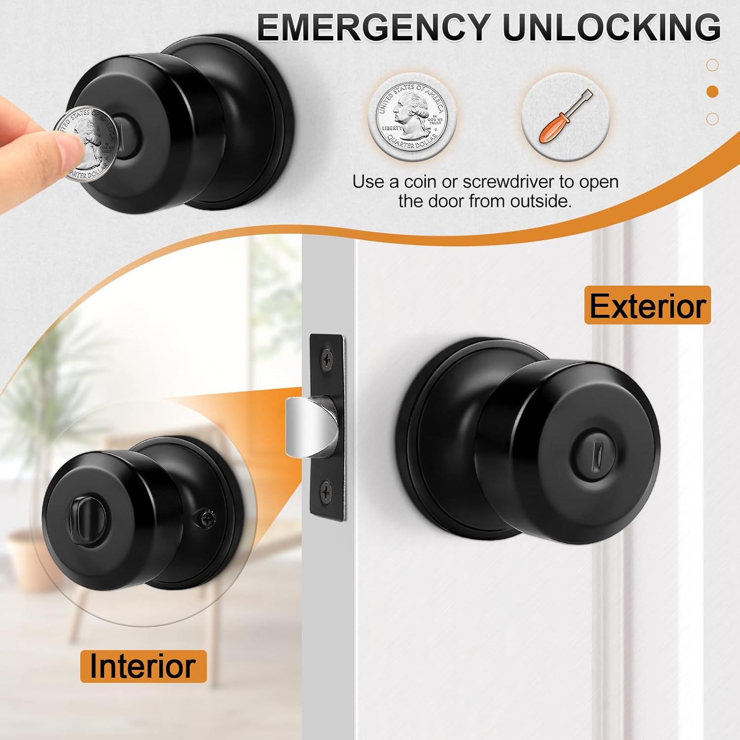 6-Pack Matte Black Keyless Privacy Locks for Bedroom and Bathroom Doors - Contemporary Cylindrical Shape Knobs by Probrico