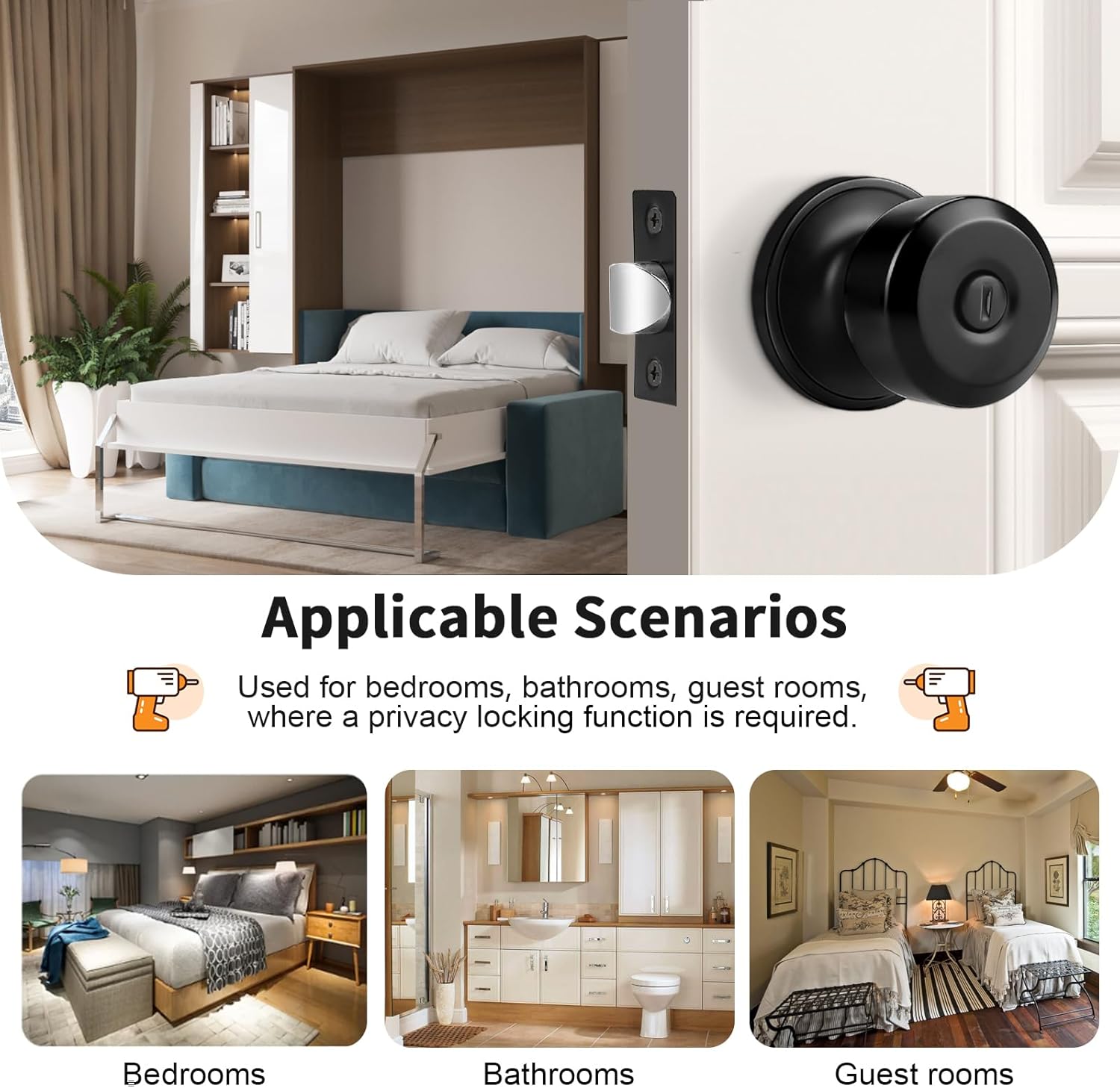 6-Pack Matte Black Keyless Privacy Locks for Bedroom and Bathroom Doors - Contemporary Cylindrical Shape Knobs by Probrico