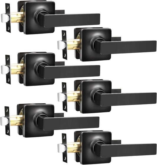 6 Pack Matte Black Passage Door Levers with Lock for Hall Closet - Modern Square Lever Door Handles for Interior Doors