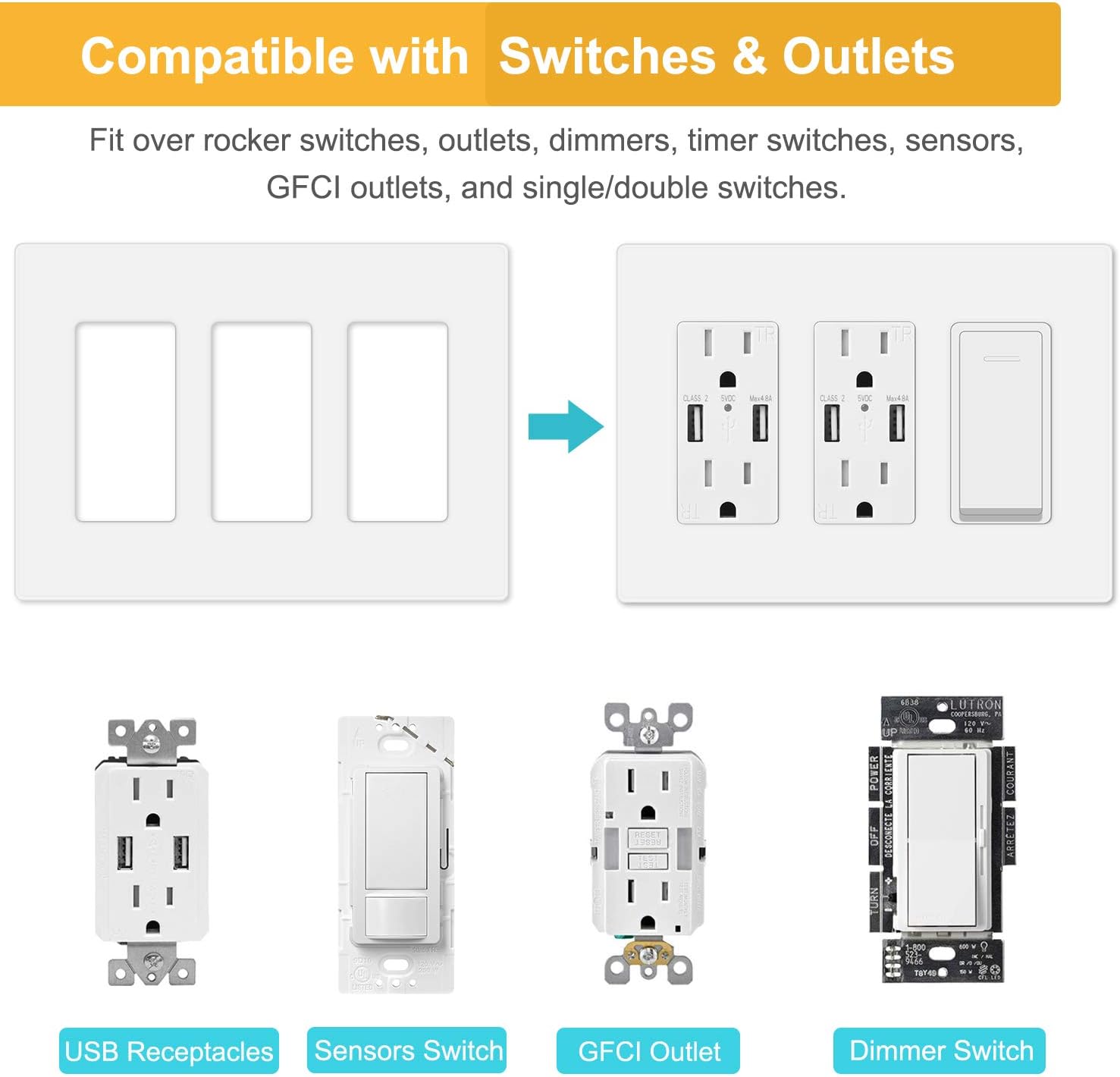 6-Pack MLLIZH White 3-Gang Screwless Wall Plate Cover for Light Switches, Dimmers, Outlets - UL Listed