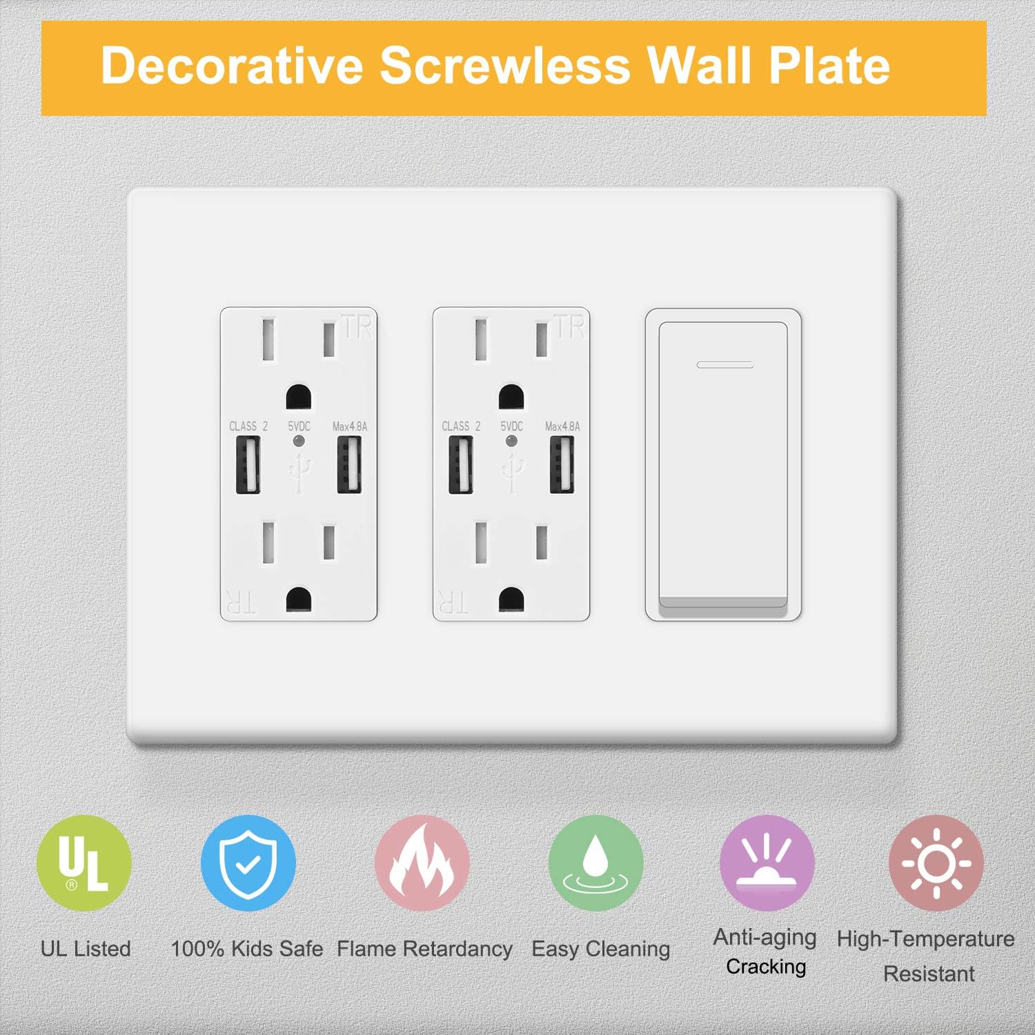 6-Pack MLLIZH White 3-Gang Screwless Wall Plate Cover for Light Switches, Dimmers, Outlets - UL Listed