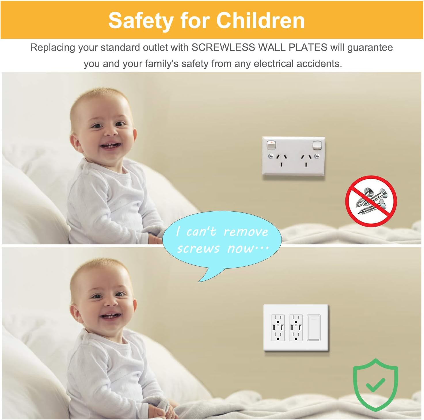 6-Pack MLLIZH White 3-Gang Screwless Wall Plate Cover for Light Switches, Dimmers, Outlets - UL Listed