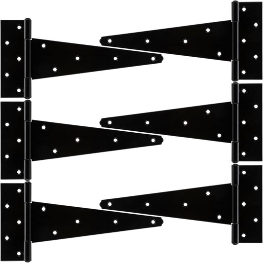 6 Pack of 10 Inch Black Tee Hinges for Heavy Duty Shed Doors, Gates, Fences, Barn Doors - Rustproof Wrought Iron Hardware