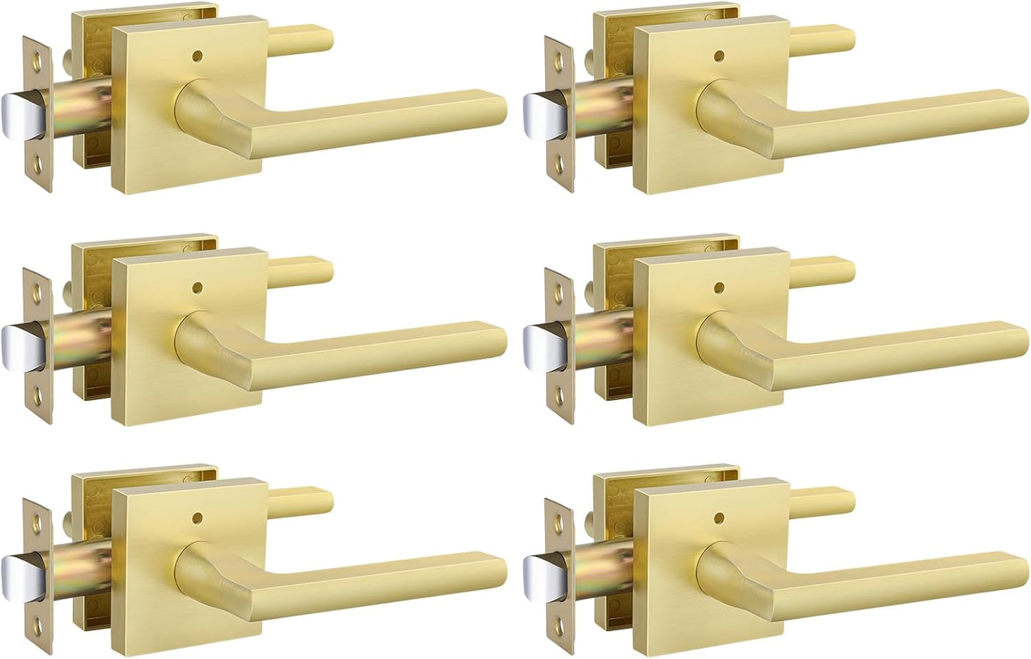 6 Pack of goldenwarm Gold Privacy Door Handles for Bedroom and Bathroom - Heavy Duty Brass Interior Lever Doorhandles with Brushed Finish, Zinc Alloy Construction
