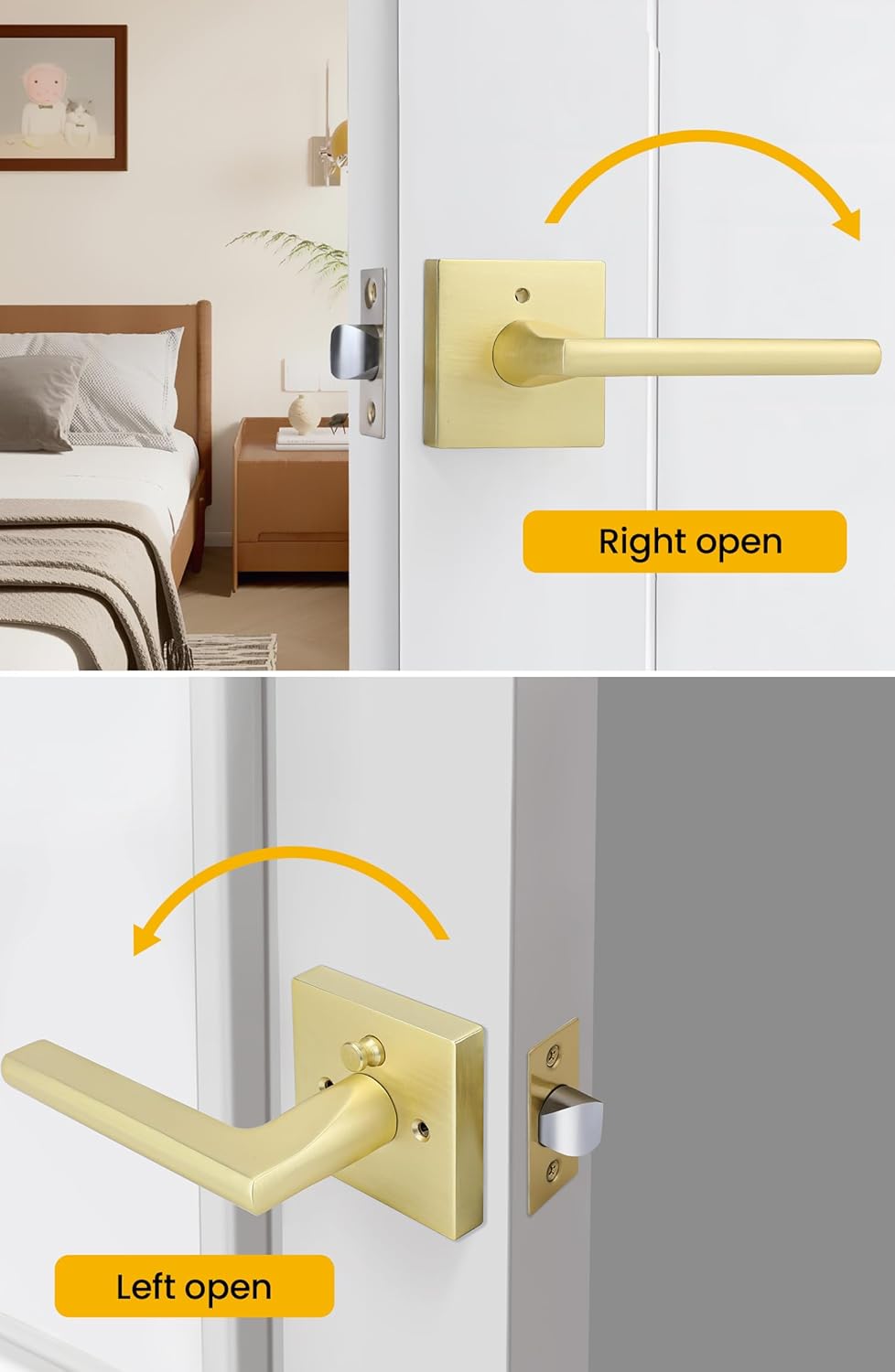 6 Pack of goldenwarm Gold Privacy Door Handles for Bedroom and Bathroom - Heavy Duty Brass Interior Lever Doorhandles with Brushed Finish, Zinc Alloy Construction