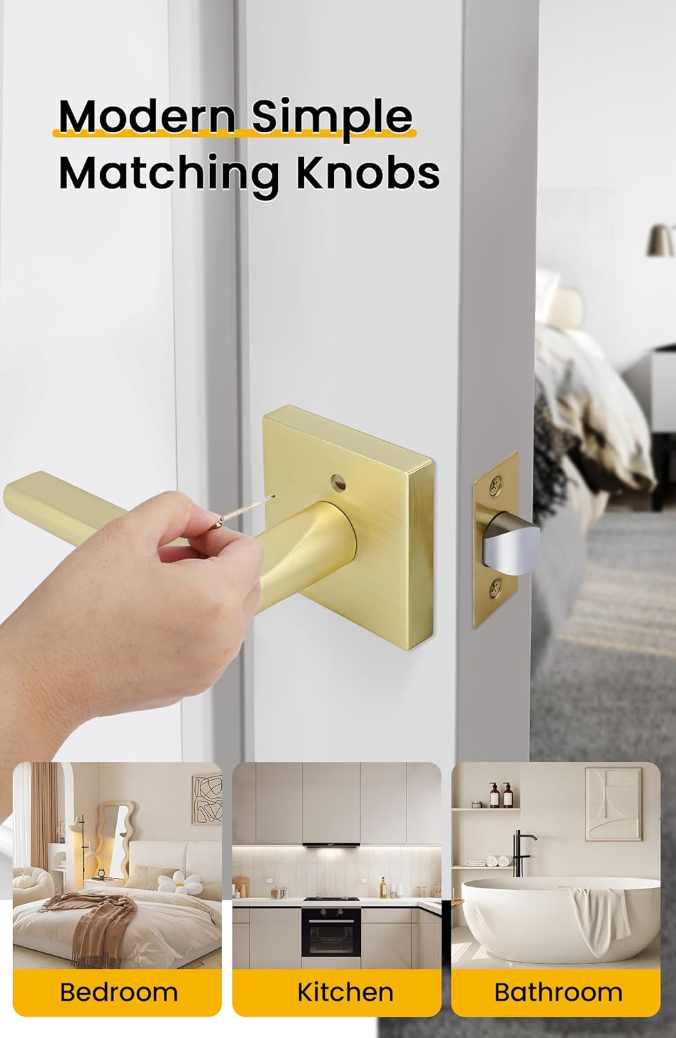 6 Pack of goldenwarm Gold Privacy Door Handles for Bedroom and Bathroom - Heavy Duty Brass Interior Lever Doorhandles with Brushed Finish, Zinc Alloy Construction