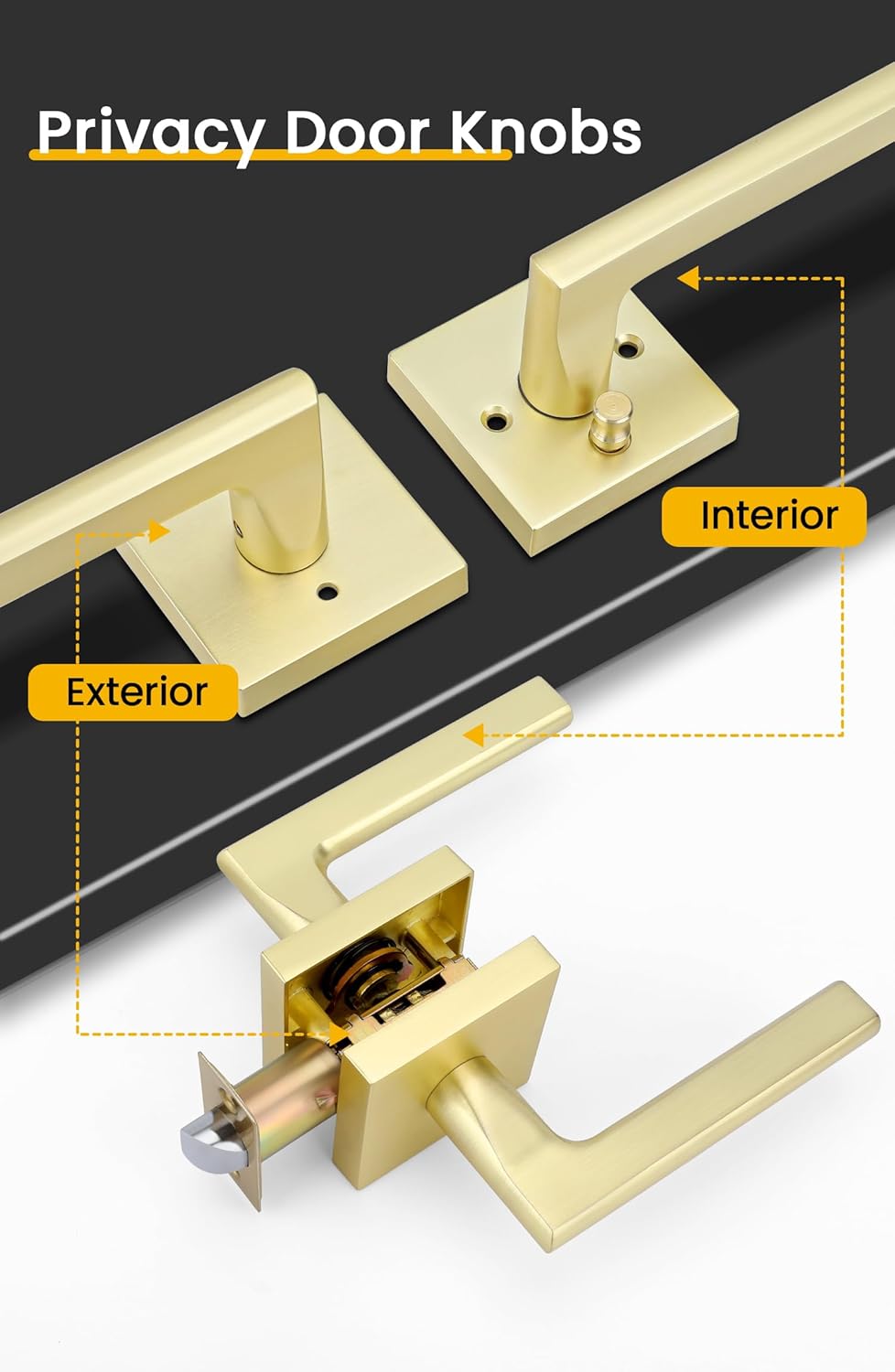 6 Pack of goldenwarm Gold Privacy Door Handles for Bedroom and Bathroom - Heavy Duty Brass Interior Lever Doorhandles with Brushed Finish, Zinc Alloy Construction