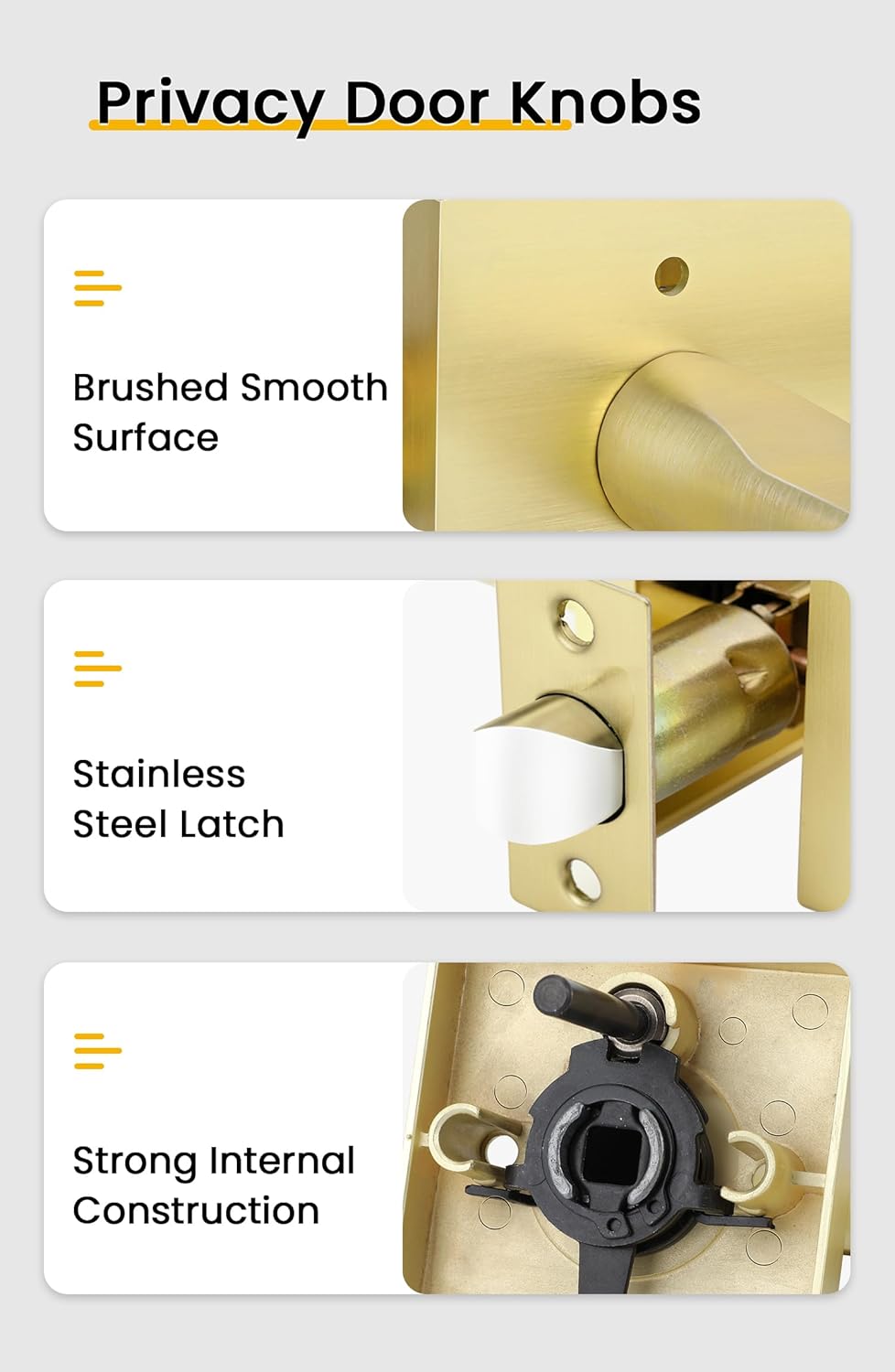 6 Pack of goldenwarm Gold Privacy Door Handles for Bedroom and Bathroom - Heavy Duty Brass Interior Lever Doorhandles with Brushed Finish, Zinc Alloy Construction