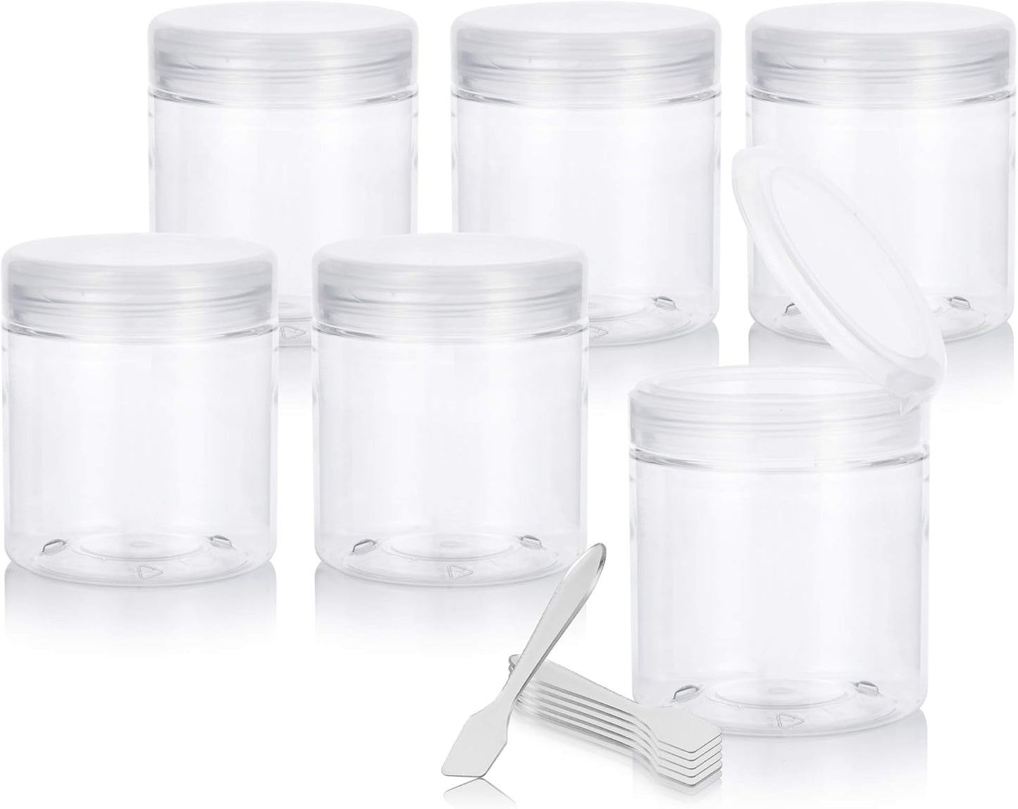 6-Pack of JUVITUS 8 oz Clear PET Plastic Jars with Flip Top Caps and Spatulas