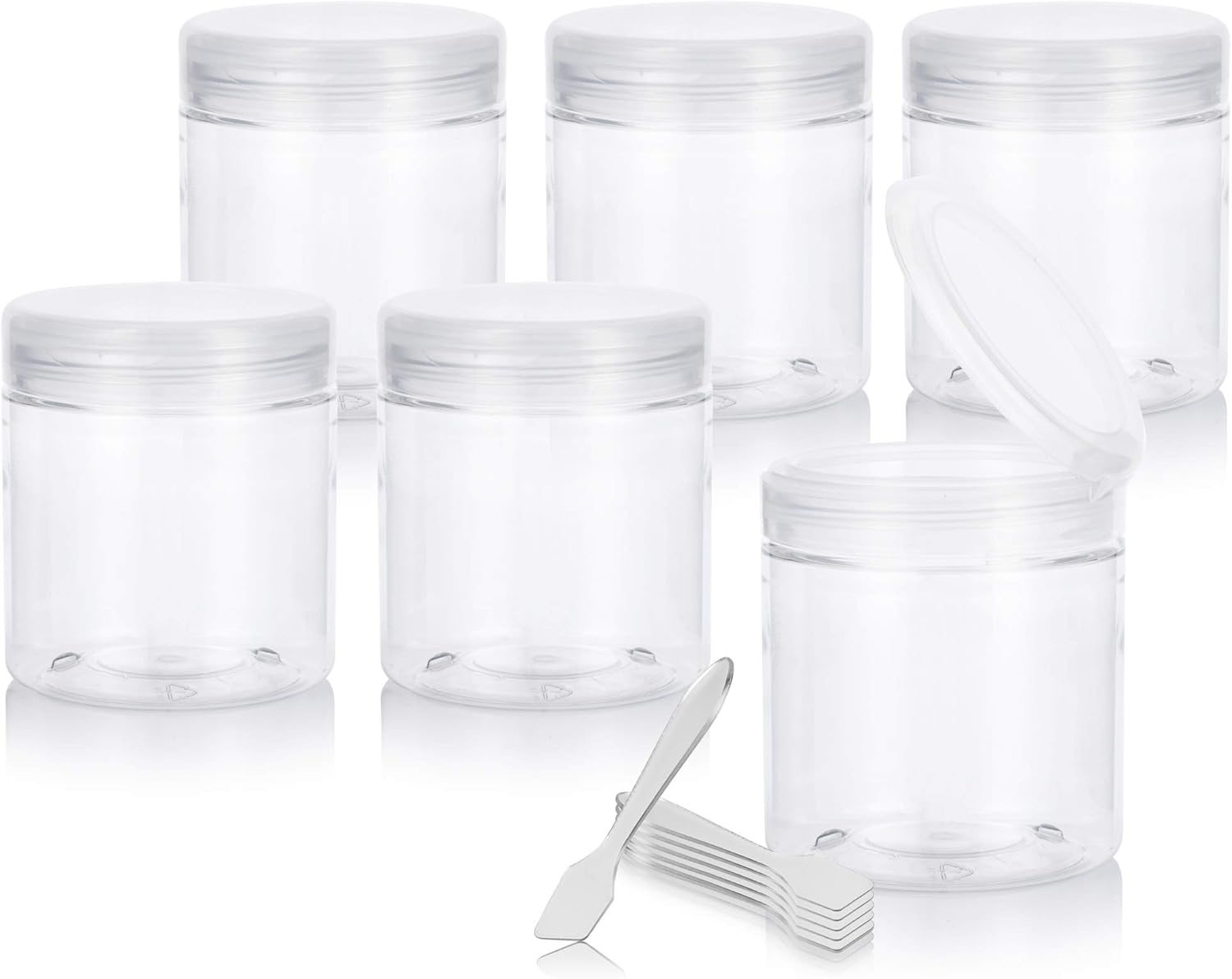 6-Pack of JUVITUS 8 oz Clear PET Plastic Jars with Flip Top Caps and Spatulas