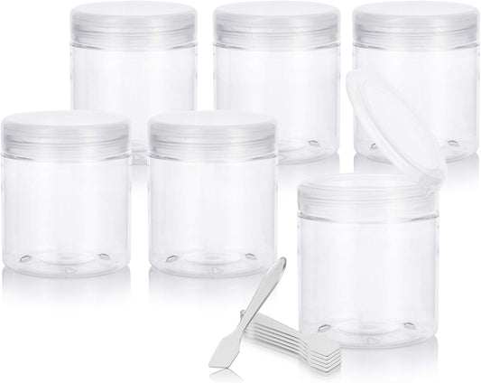 6-Pack of JUVITUS 8 oz Clear PET Plastic Jars with Flip Top Caps and Spatulas