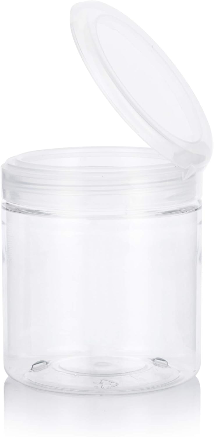 6-Pack of JUVITUS 8 oz Clear PET Plastic Jars with Flip Top Caps and Spatulas