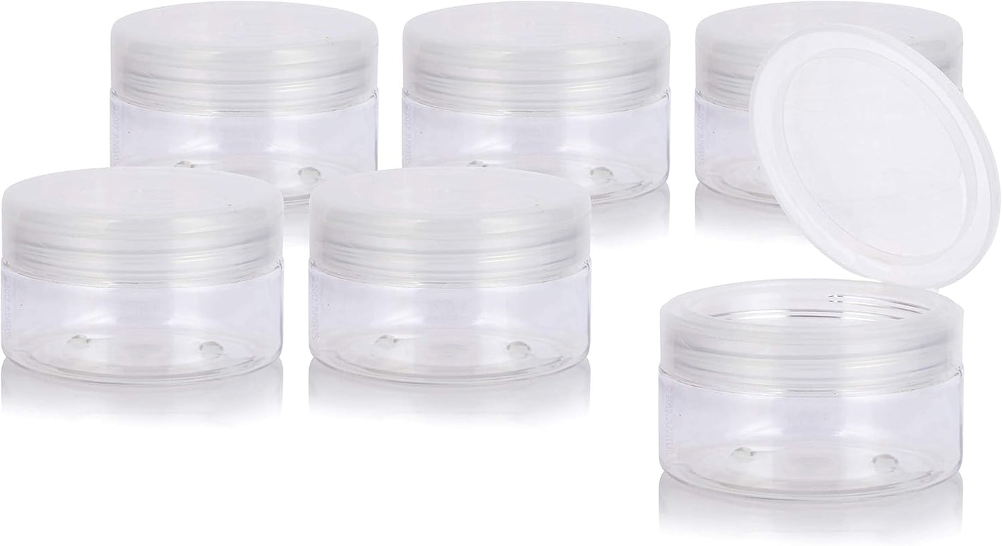 6 Pack of JUVITUS 8 oz Clear PET Plastic Low Profile Jars with Natural Flip Tops - BPA Free and Refillable