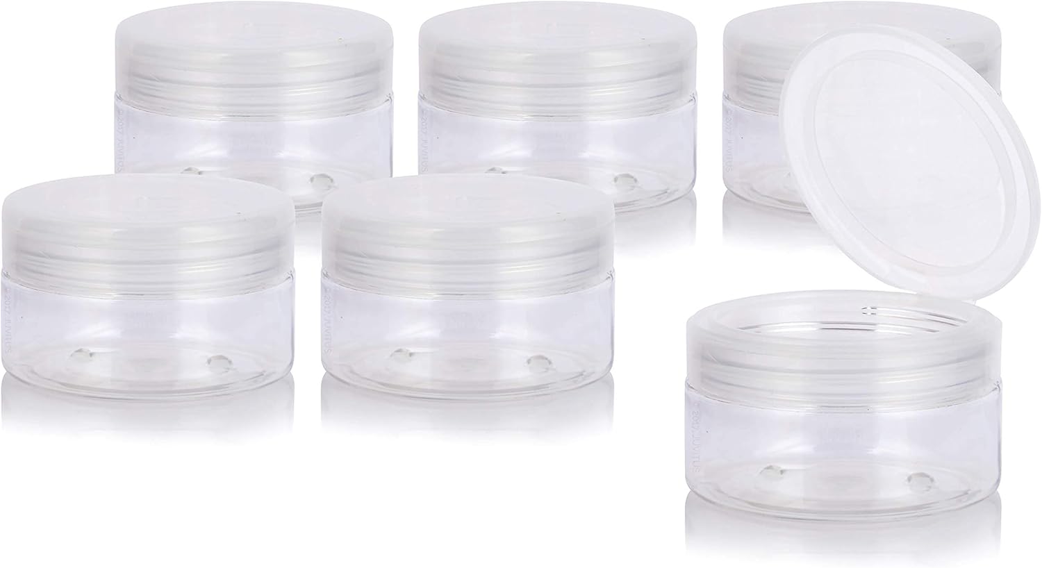 6 Pack of JUVITUS 8 oz Clear PET Plastic Low Profile Jars with Natural Flip Tops - BPA Free and Refillable