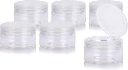 6 Pack of JUVITUS 8 oz Clear PET Plastic Low Profile Jars with Natural Flip Tops - BPA Free and Refillable