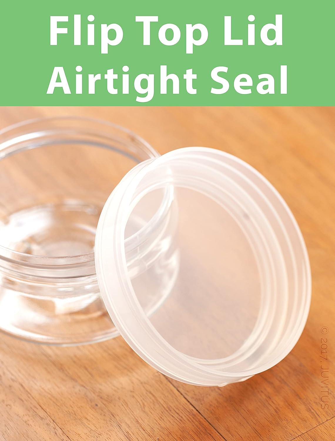 6 Pack of JUVITUS 8 oz Clear PET Plastic Low Profile Jars with Natural Flip Tops - BPA Free and Refillable