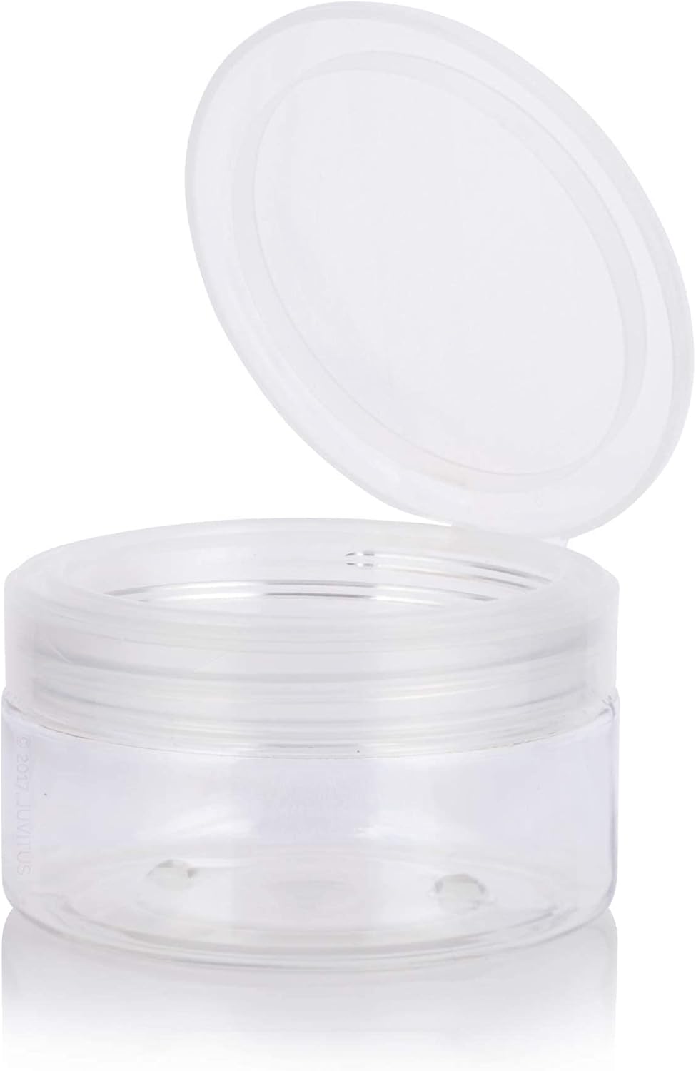6 Pack of JUVITUS 8 oz Clear PET Plastic Low Profile Jars with Natural Flip Tops - BPA Free and Refillable