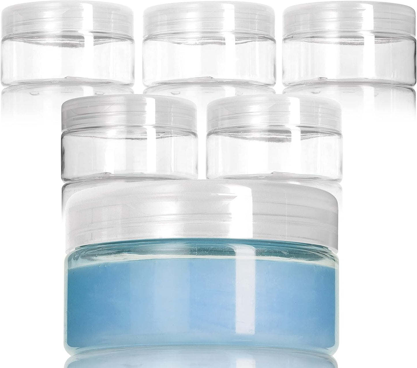 6 Pack of JUVITUS 8 oz Clear PET Plastic Low Profile Jars with Natural Flip Tops - BPA Free and Refillable