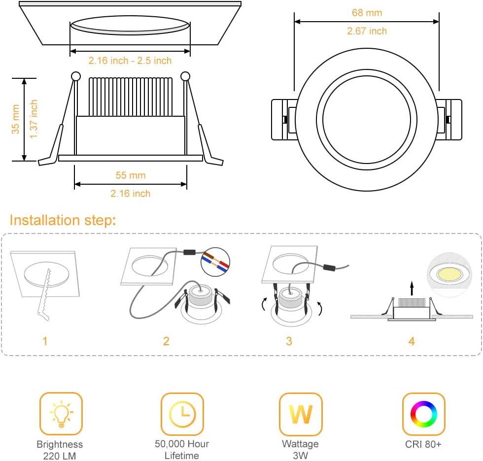 6 Pack of LightingWill 3W Dimmable LED Downlights, 2 Inch Recessed Ceiling Lights - Warm White, High CRI, Halogen Equivalent - 3000K