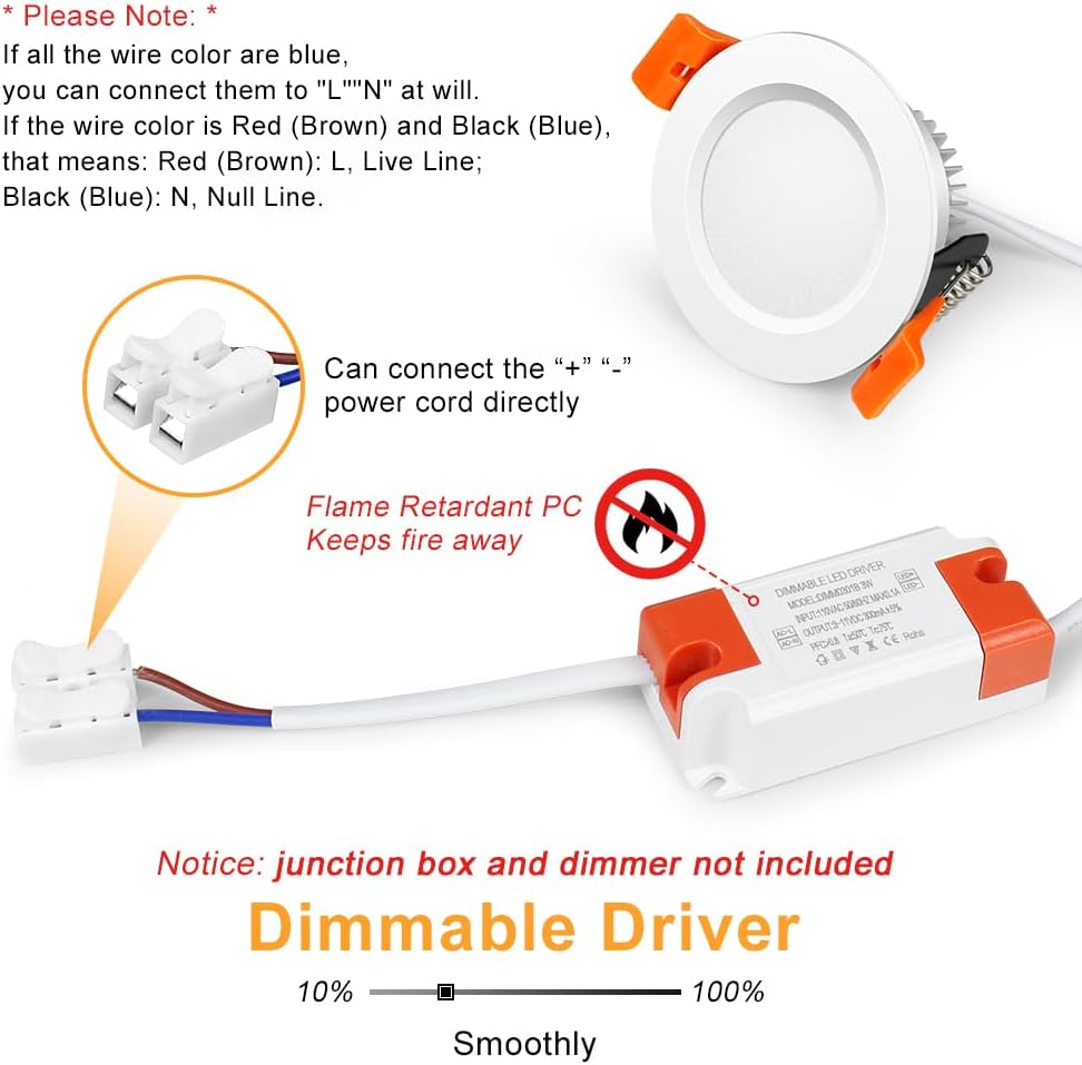 6 Pack of LightingWill 3W Dimmable LED Downlights, 2 Inch Recessed Ceiling Lights - Warm White, High CRI, Halogen Equivalent - 3000K