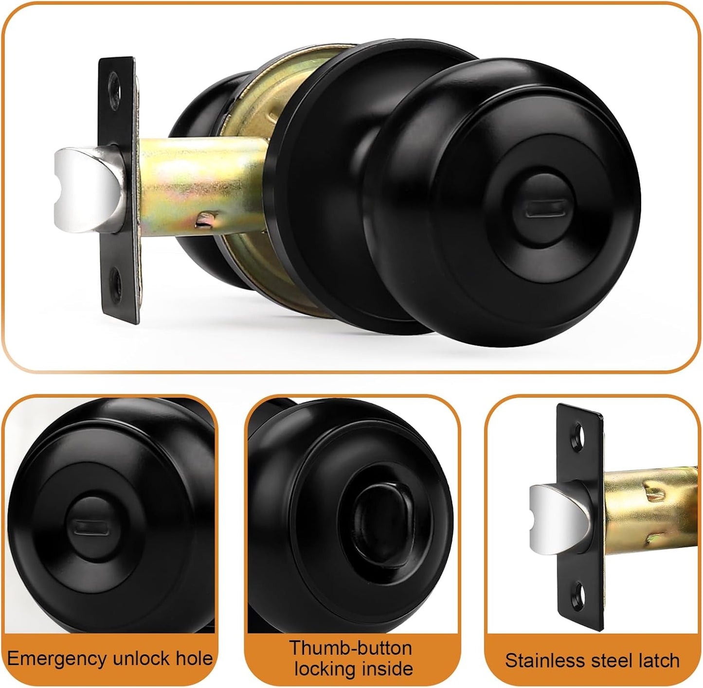 6 Pack of Probrico Matte Black Privacy Door Knobs for Bedroom and Bathroom - Round Ball Interior Door Knob - WildKart
