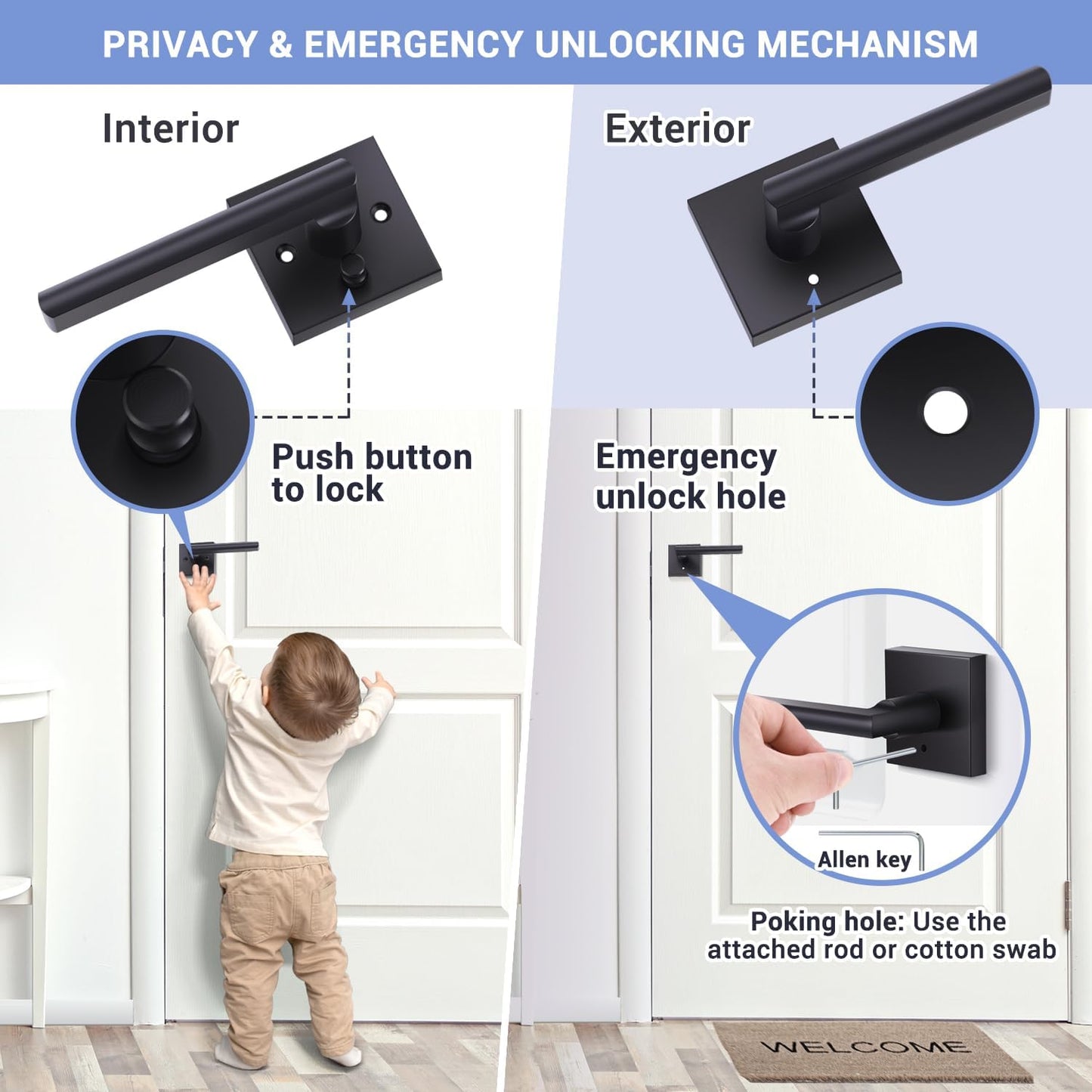 6 Pack Ohuhu Black Door Handle Set with Lock for Bedroom and Bathroom - Modern Square Matte Privacy Door Lever - Heavy Duty Interior Passage Knobs