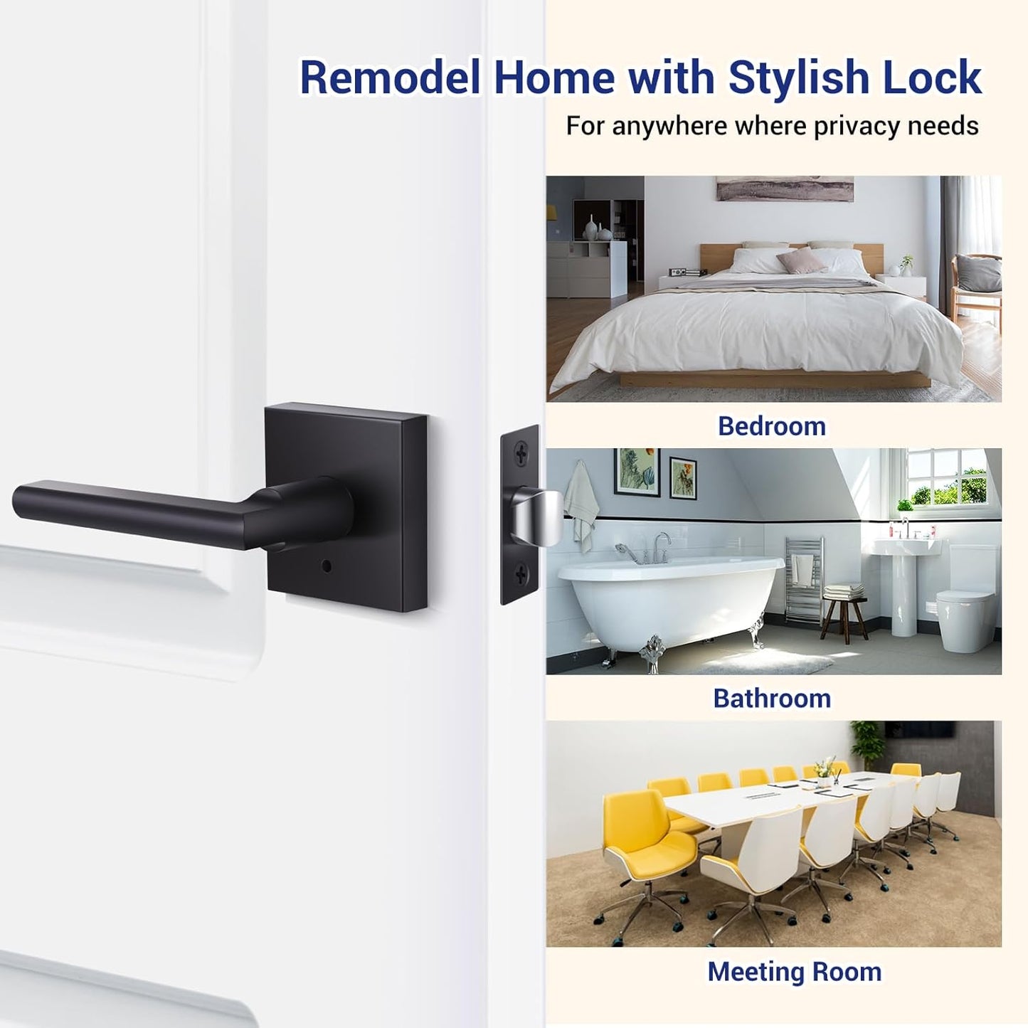 6 Pack Ohuhu Black Door Handle Set with Lock for Bedroom and Bathroom - Modern Square Matte Privacy Door Lever - Heavy Duty Interior Passage Knobs