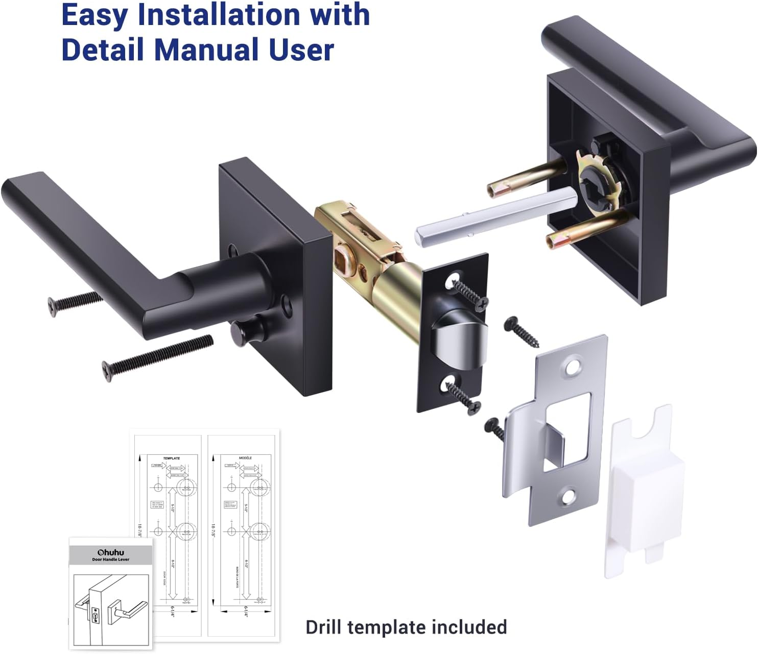 6 Pack Ohuhu Black Door Handle Set with Lock for Bedroom and Bathroom - Modern Square Matte Privacy Door Lever - Heavy Duty Interior Passage Knobs
