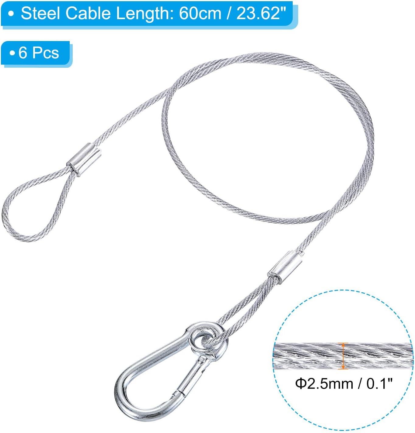 6-Pack PATIKIL 23.6" Stainless Steel Safety Cables - 2.5mm Flexible Wire Rope Locks with Double Loops and Hooks for Stage Lighting and Luggage Security, Silver