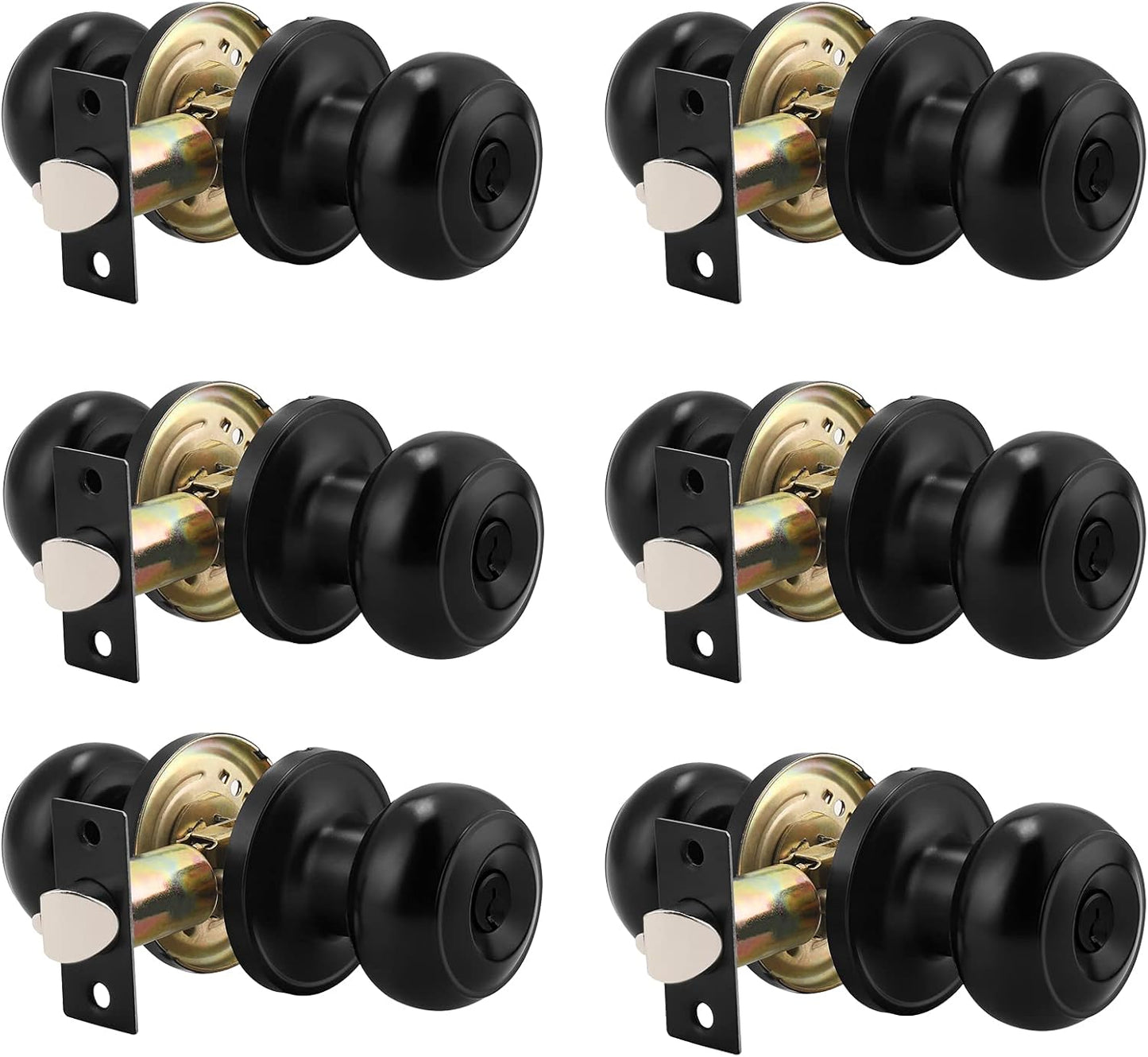 6 Pack Probrico Black Round Entry Door Knobs Keyed Alike - Interior/Exterior Handles for Bedroom, Bathroom, Front, Office Doors - Includes Locks and 3 Keys for Enhanced Security - WildKart