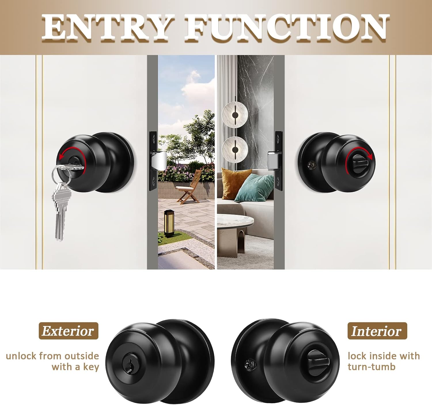 6 Pack Probrico Black Round Entry Door Knobs Keyed Alike - Interior/Exterior Handles for Bedroom, Bathroom, Front, Office Doors - Includes Locks and 3 Keys for Enhanced Security - WildKart