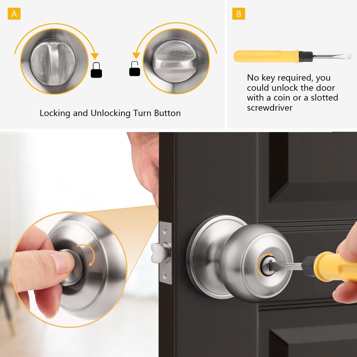 6 Pack Probrico Privacy Interior Door Knobs Keyless Bed and Bath Handles with Satin Nickel Locksets