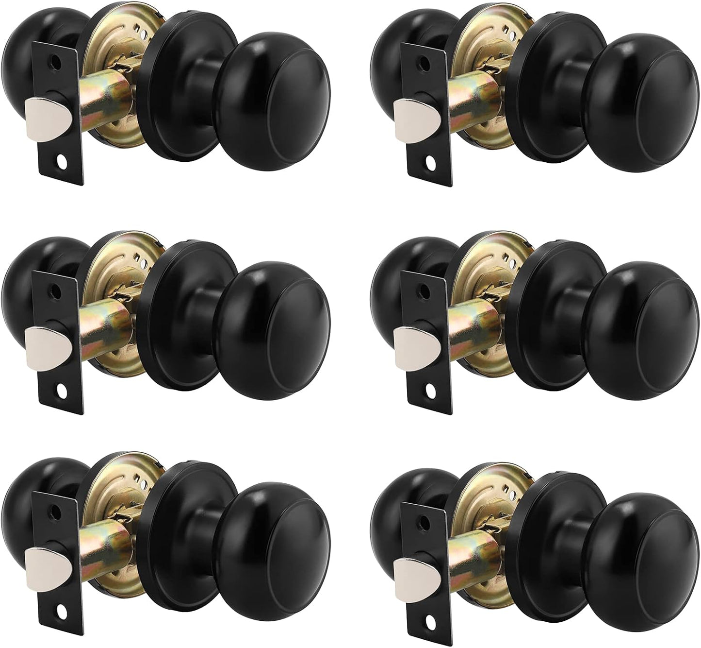 6 Pack Probrico Round Passage Door Knob Set, Keyless Interior/Exterior Lockset for Hallway/Closet, Black Finish - WildKart