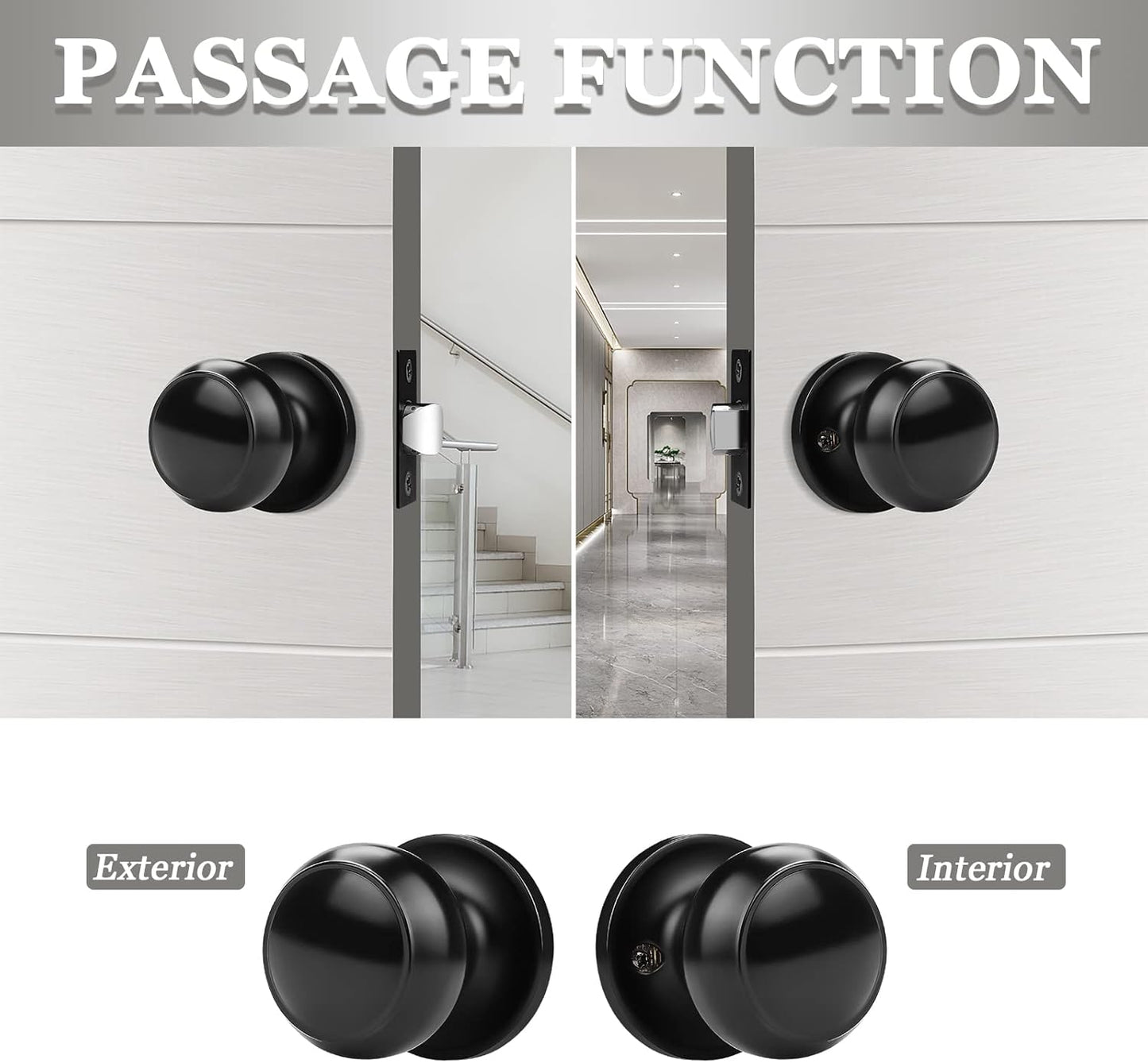 6 Pack Probrico Round Passage Door Knob Set, Keyless Interior/Exterior Lockset for Hallway/Closet, Black Finish - WildKart