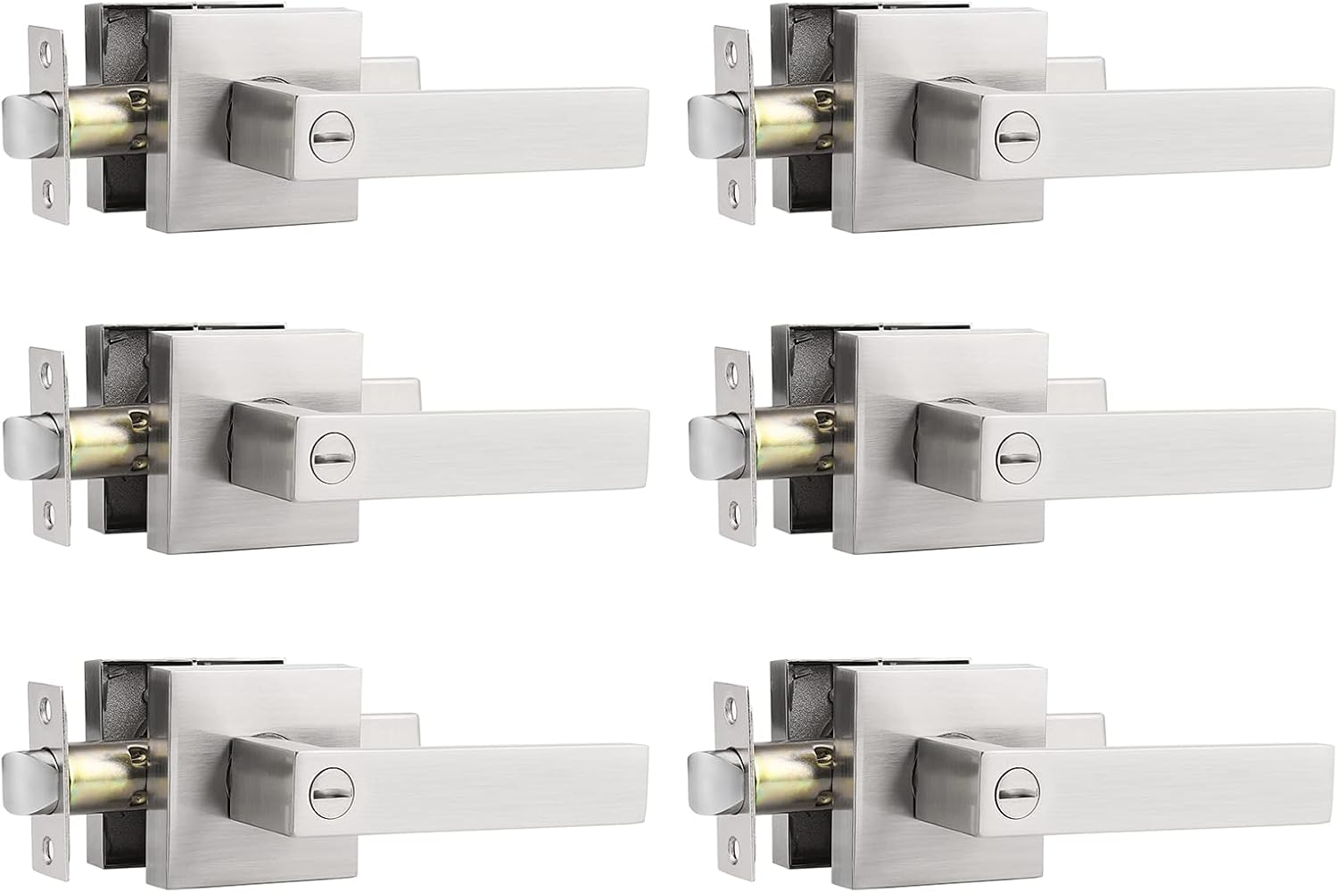 6 Pack Probrico Satin Nickel Privacy Door Levers for Bedroom and Bathroom - Keyless Square Locksets with Heavy Duty Interior Hardware