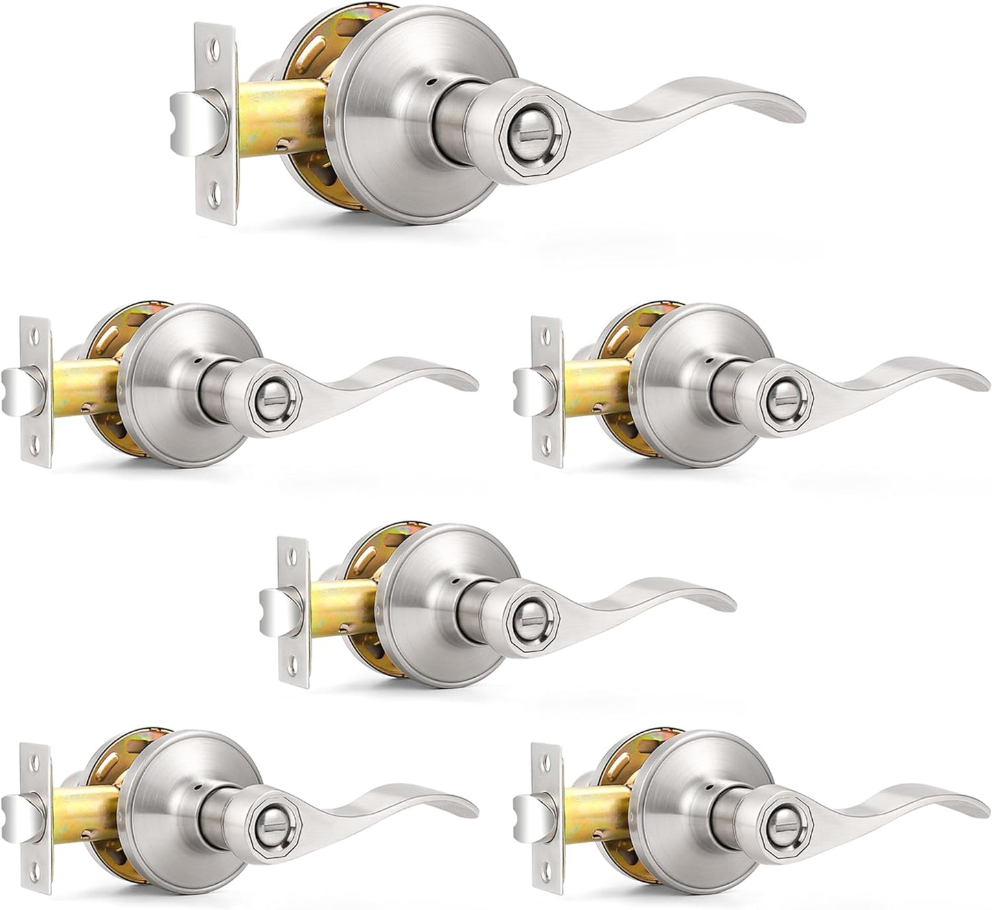 6-Pack Satin Nickel Privacy Door Levers Wave Style Handles - Keyless Lock Bed Bath Door Lockset by Probrico