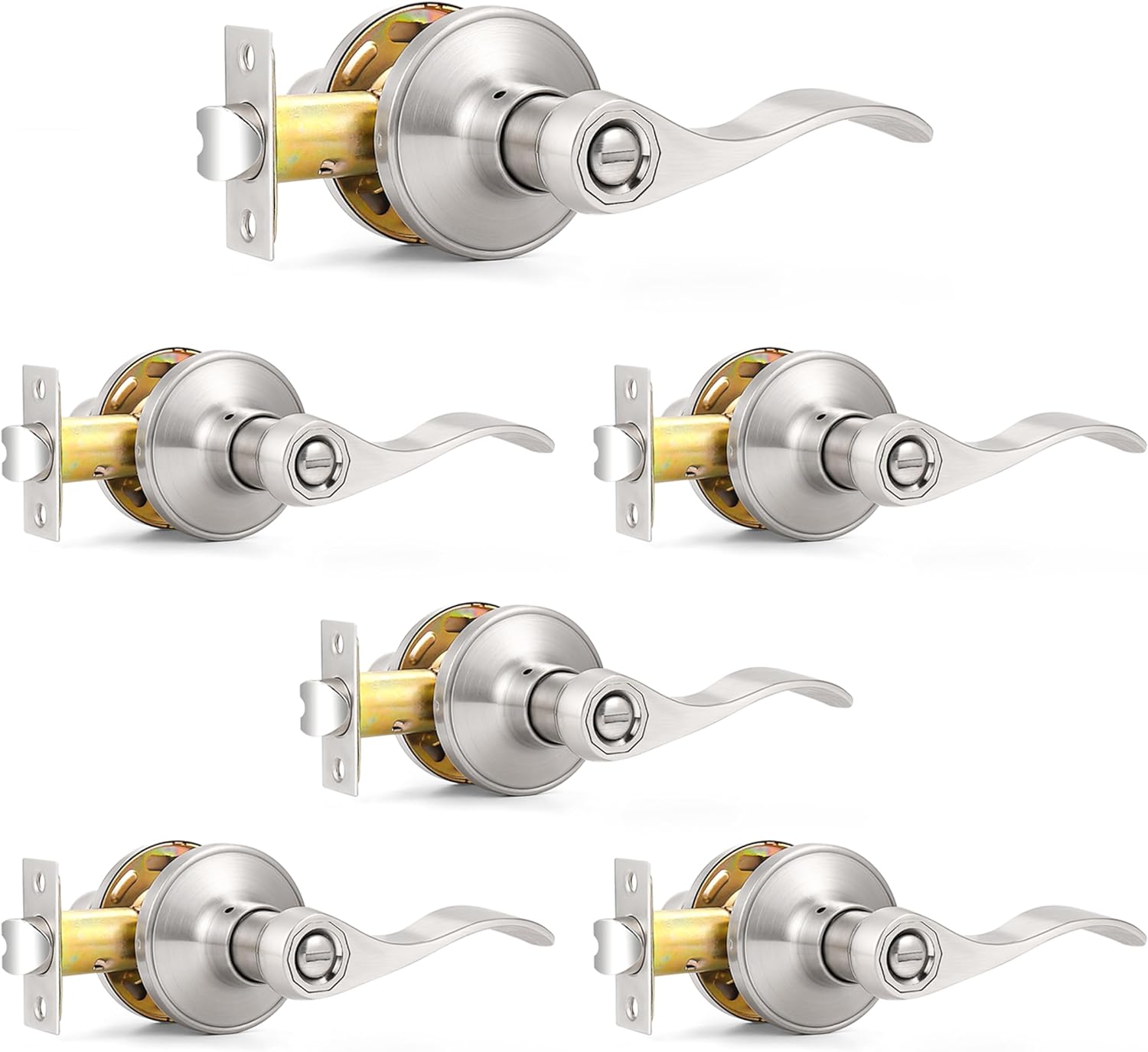 6-Pack Satin Nickel Privacy Door Levers Wave Style Handles - Keyless Lock Bed Bath Door Lockset by Probrico