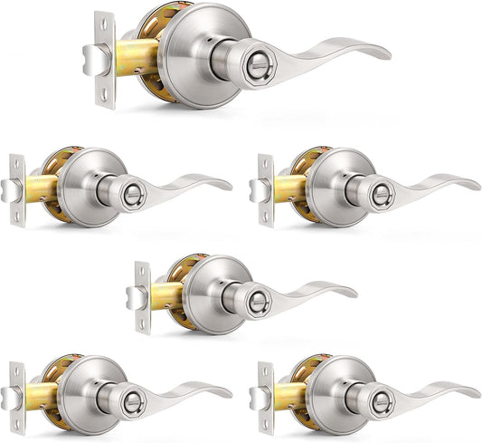 6-Pack Satin Nickel Privacy Door Levers Wave Style Handles - Keyless Lock Bed Bath Door Lockset by Probrico