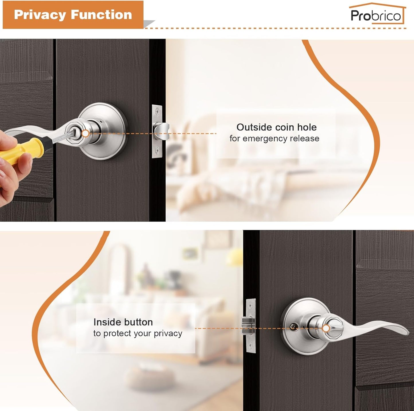6-Pack Satin Nickel Privacy Door Levers Wave Style Handles - Keyless Lock Bed Bath Door Lockset by Probrico