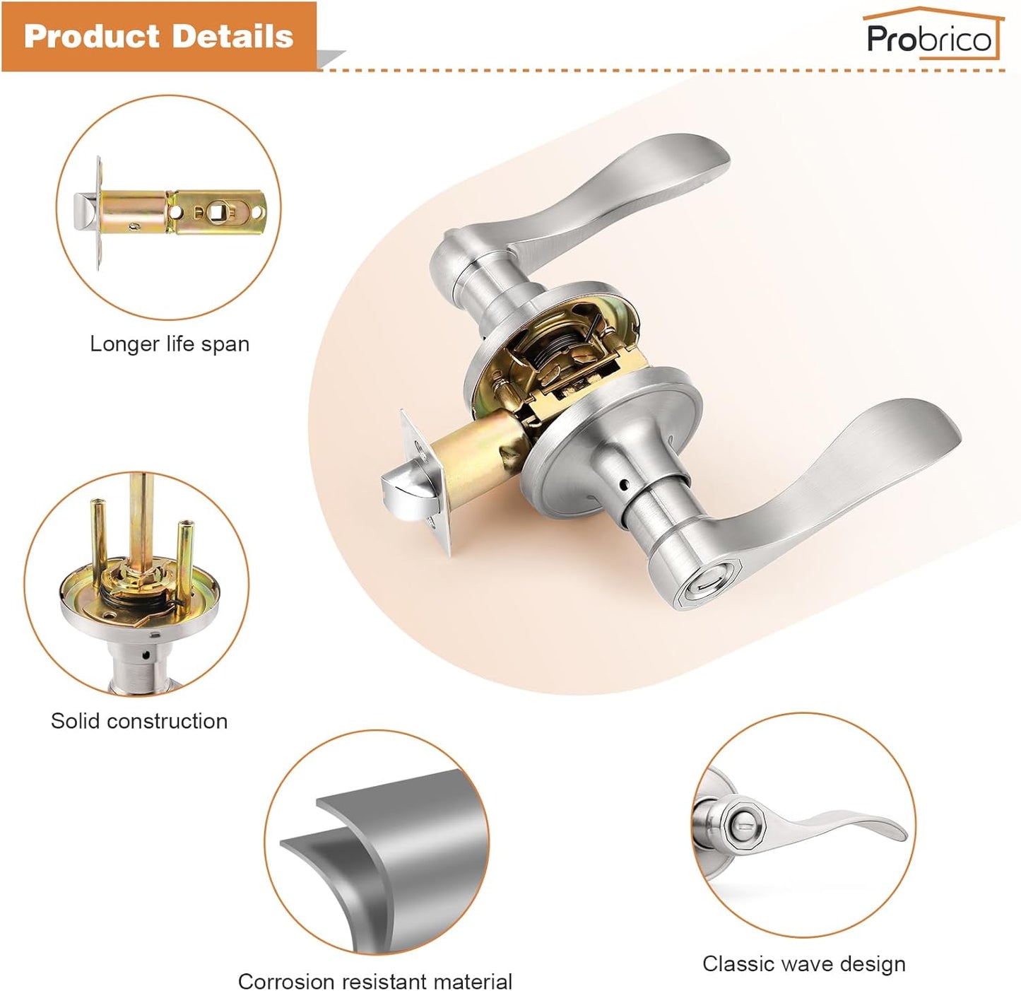 6-Pack Satin Nickel Privacy Door Levers Wave Style Handles - Keyless Lock Bed Bath Door Lockset by Probrico